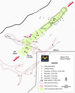 Fig. 1: Bang I Tum Prospect - 21 Rock Chip Samples and Planned Drilling.