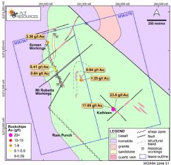 Mt Roberts geology showing shear zones and new surface sampling assay results