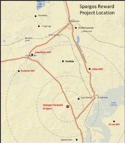 Spargos Reward Project Location Plan showing proximity to existing gold operations