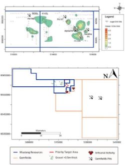 Gravel intercepted during the drilling campaign in relation the known artisanal activity and Gemfields’ pits