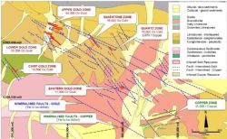 Aucu Geology map showing existing Inferred resource areas and un-drilling structures in blue.