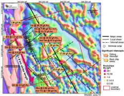 Mt Roberts gold project showing significant drilling results, rock chip results from mapping carried out in March this year, and interpreted shear zones over magnetics.