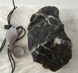 Strongly graphitic metasediment sample collected from outcrop locality.