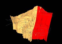 Oblique view of the Maria Vein wireframe with historic drives shown in grey, the Dubbo Zone is shown in red.