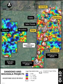 Figure 1: b) Location of Seko trends within 12km long Dandoko gold corridor. 
