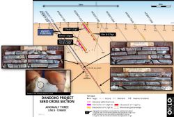 Figure 3: Location of visible gold in DDSEK17-003. AC and DD drill section, Anomaly Three - Line 8, 1396800N
