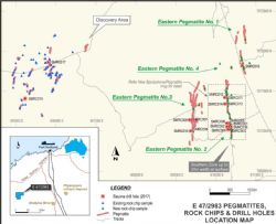 E 47/2983 Pegmatites, Rock Chips & Drill Holes Location Map