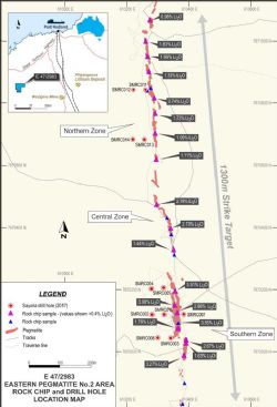 E 47/2983 Pegmatite No.2 Area Rock Chip and Drill Hole Location Map