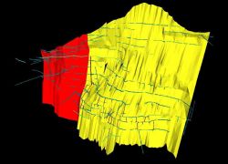 Graphic of the Maria Vein wireframe with historic drives shown in grey, the Woodstock Zone is shown in red. This is the pre-mined model, historic depletions were subtracted from this model.