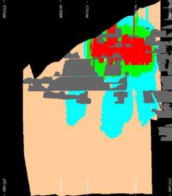 Section View of the Woodstock Zone showing Measured Resources in red, Indicated in green and Inferred in blue. Areas in grey denote historic stoping.