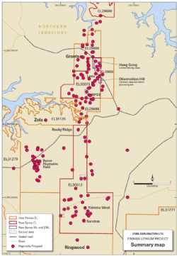 Core’s new Bynoe and Finniss Lithium Project Tenements and distribution of pegmatite prospects near Darwin NT.