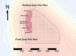Locations of drill holes and the plan view of mineralisation