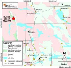 Location of the Bottle Creek Gold Mine, 100km NE of Menzies.