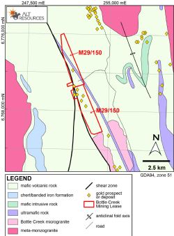 Location of Bottle Creek mining leases, relative to local geology and known gold deposits and prospects.