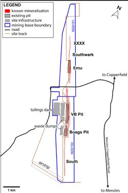 Bottle Creek site layout, showing mining leases, location of existing pits, site infrastructure and known mineralisation.