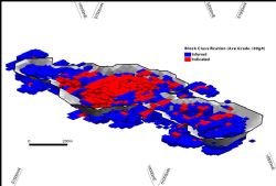 Oblique view looking true north of the conceptual model for the Paris open-pit and the classified MIK resource blocks.