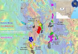 Location of Emmerson Resources NSW Projects (bold black outlines) plus major explorers and deposits within the Macquarie Arc (muted red colour=magnetic signature of the Macquarie Arc).