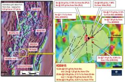 Plan of the Mt Leadley Prospect within the Kadungle Tenement. Note ERM drill hole drill hole KDD015 plus historic intersections.