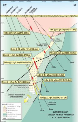 Crown Prince Prospect. Cross section A-A’ through the Main Lode, looking north-westerly.