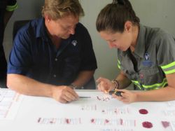 Bernard Olivier and Aricie de Sainte Preuve (Mustang gemmologist) inspecting material produced from licence 8245L
