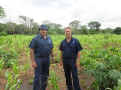 Cobus van Wyk and Bernard Olivier visiting a 2017 bulk sampling pit now fully rehabilitated by Mustang