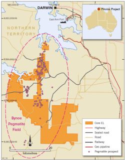 Pegmatite prospects within the Finniss and Bynoe Lithium Projects near Darwin, NT
