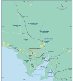 Plan showing Investigator tenements (yellow) and the Paris silver project