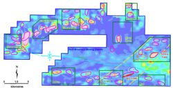 High priority conductors (pink) on a conductivity depth slice at 40m below surface