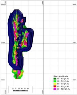 Schematic plan view of Goongarrie Lady gold deposit resource block model and 2018 pit design