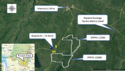Location map showing PEPM 12388 and 12390 in relation to known pegmatites and geothermal activity