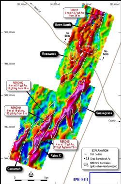 Image showing the resisitivity results of the gradient array IP survey at Clermont.