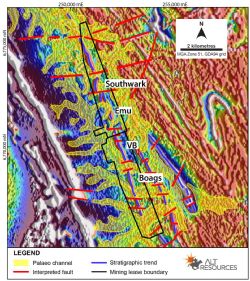 interpreted palaeochannels based on magnetic imagery for the Bottle Creek area.