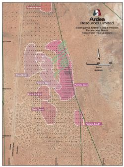 Location of Ardea RC drilling (green & white dots and hole number).