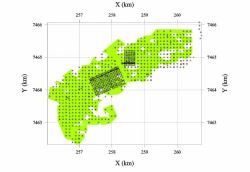 Plan view of drill holes and the mineralisation model at Napperby