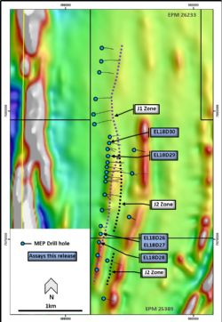 Jericho prospect with EM conductors and drill hole traces over magnetics