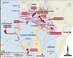 Map of Ardea's projects in the Lachlan Fold Belt of NSW.