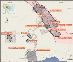 Plan view showing the proximity to the haul road of Cooktown and Kobel stockpiles