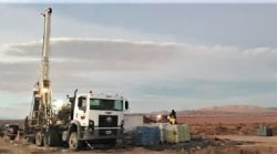 Foraco diamond drill rig at Cauchari, looking across salt lake to Ganfeng/Lithium Americas project