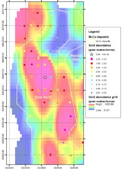 Gold abundance in historic drilling at the Elsie North nickel-cobalt deposit.
