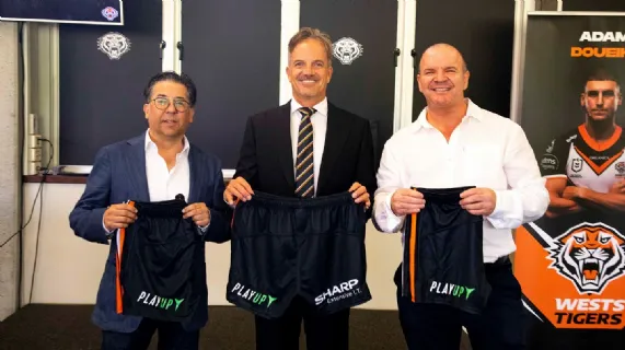 PlayUp Australia CEO Paul Jeronimo, Wests Tigers CEO Justin Pascoe, PlayUp Australia Chief Operating Officer James Waddell