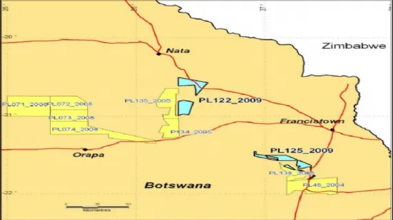 A Map of NE Botswana in the Francistown area highlighting the two new PLs granted
to A-Cap. New A-Cap PLs are shown in Blue. Existing A-Cap PLs are shown in Yellow