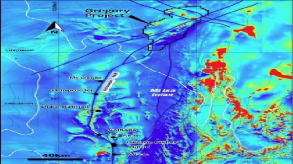 Regional magnetic (TMI) image showing location of Gregory Project and major metal deposits.