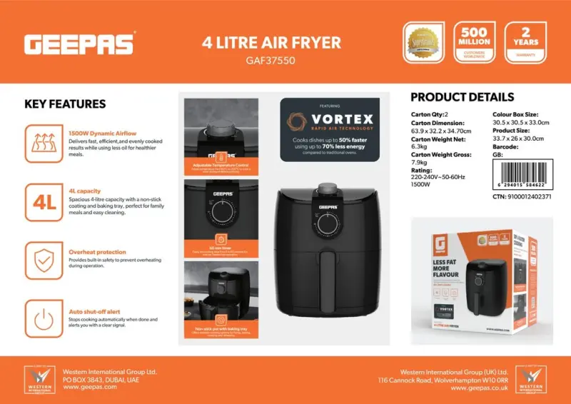 GEEPAS AIR FRYER 4 LTR MANUAL 1500W GAF37550