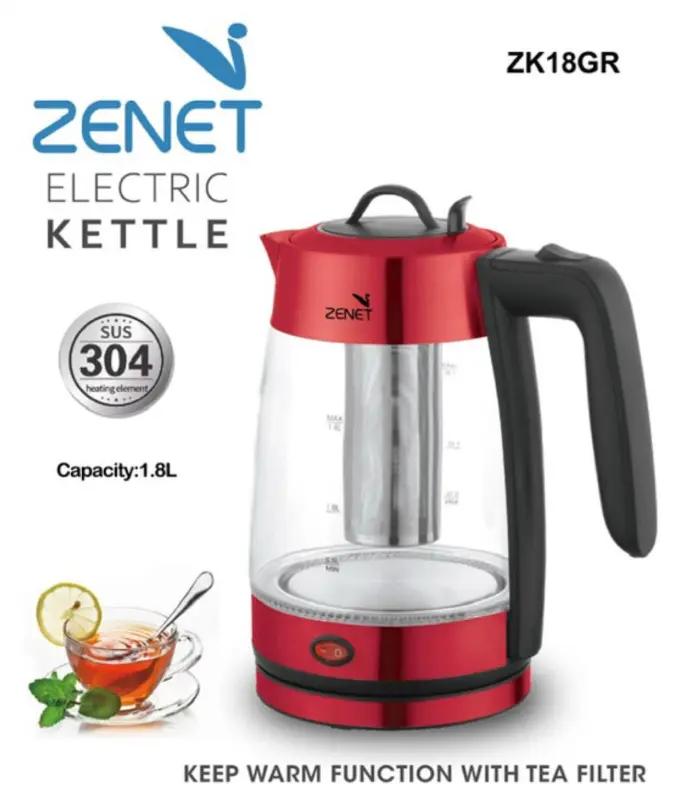ZENET KETTLE 1.8 LTR 2200W RED COLOR ZK-18GR MADE IN CHINA ( 1 YEAR FULL WARRANTY )