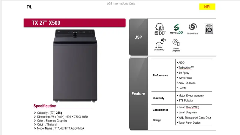 LG WASHER TOP LOAD 25 KG T25J4EFHT4 MADE IN THILAND ( 1 YEAR FULL WARRANTY & 10 YEARS MOTOR WARRANTY )