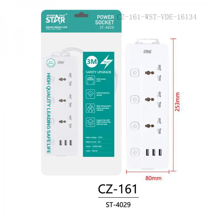 WINNING STAR EXTENSION 3 SOCKET + 3 USB 3M ST-4029 MADE IN CHINA ( 1 YEAR FULL WARRANTY )