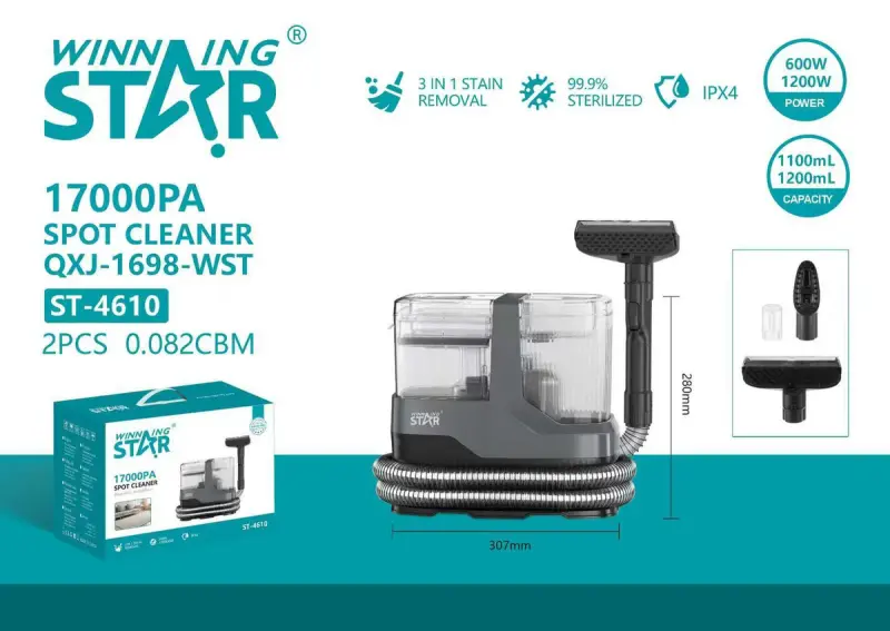 WINNING STAR SPOT CLEAN Power:600W+1200W Heating Capacity:1.1L+0.9L Suction Power:≥17kPa IPX4 ST-4610 MADE IN CHINA ( 1 YEAR FULL WARRANTY 
