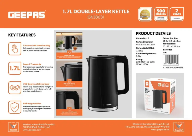 GEEPAS KETTLE 1.7L 2200WAUTOCUT GK38031 MADE IN CHINA ( 2 YEAR FULL WARRANTY )