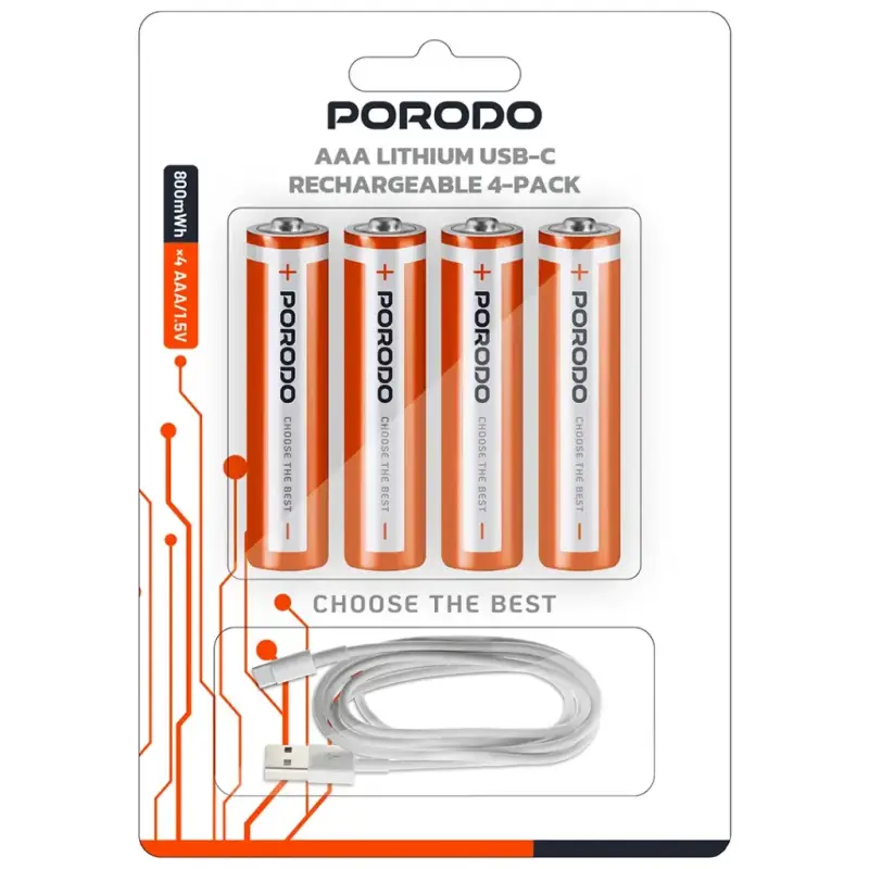 PORODO AAA LITHIUM USB-C RECHARGEABLE 4-PACK - WHITE/ORANGE PDAAA8RB