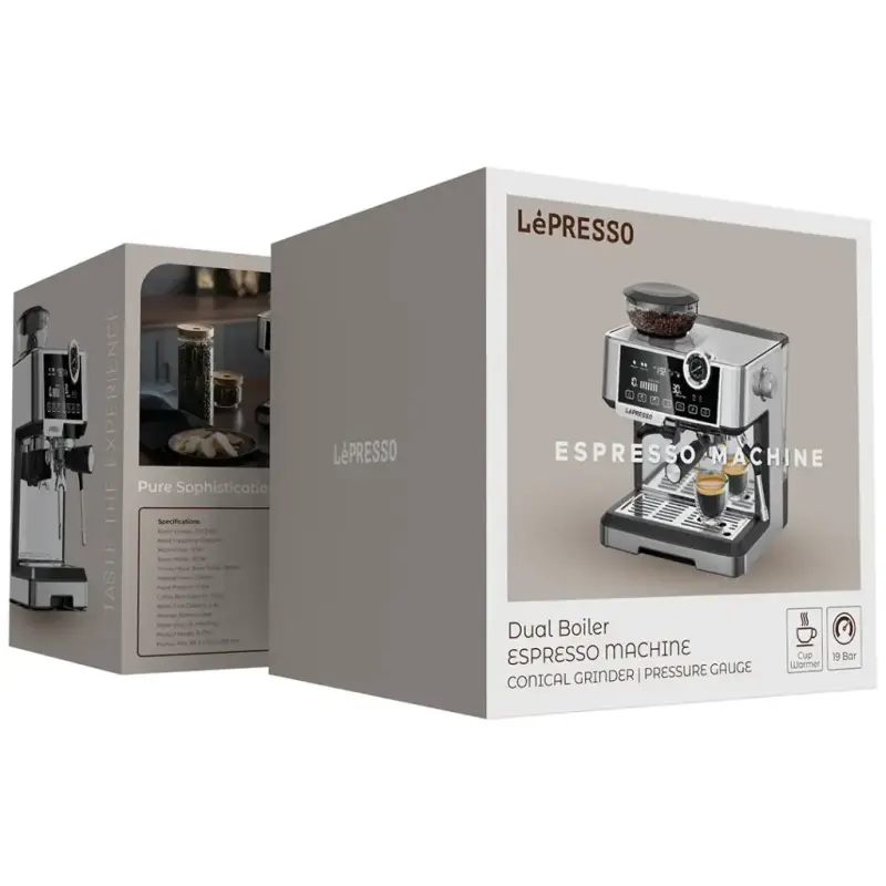 Lepresso Dual Boiler Espresso Machine with Conical Grinder & Pressure Gauge - Silver LPCFFM0030